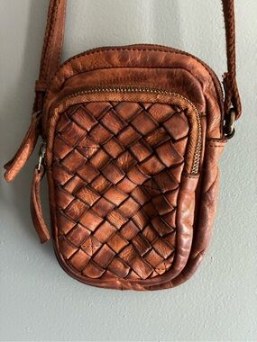 Vintage Distressed  Woven Leather Genicci Mini Crossbody Bag